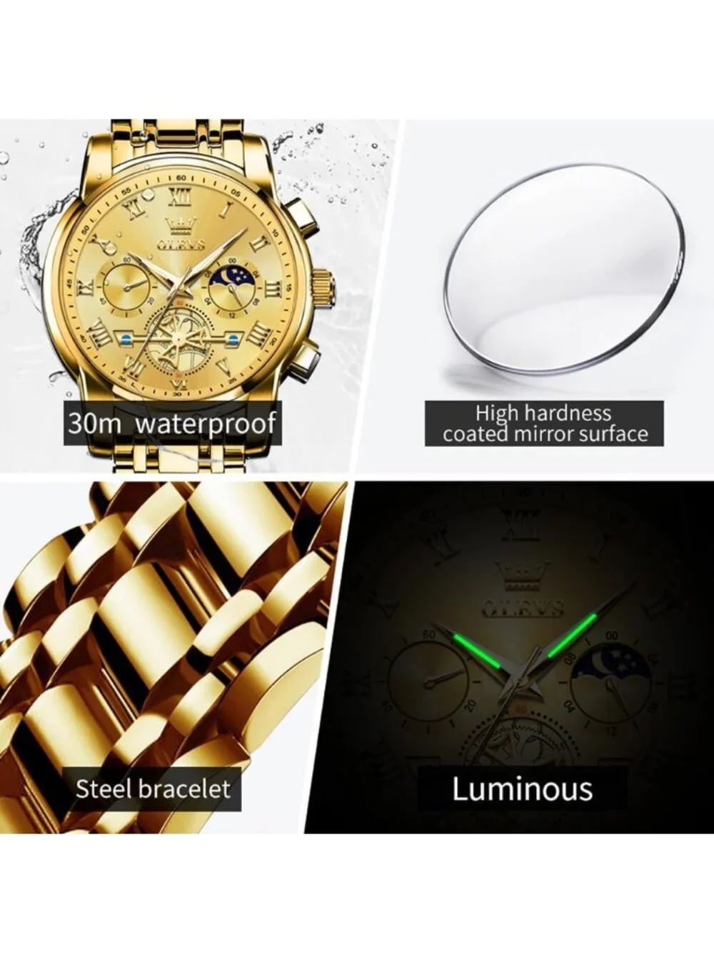 Men's Gold Band and Gold Face Stainless Steel Waterproof Big Face Wrist Watch